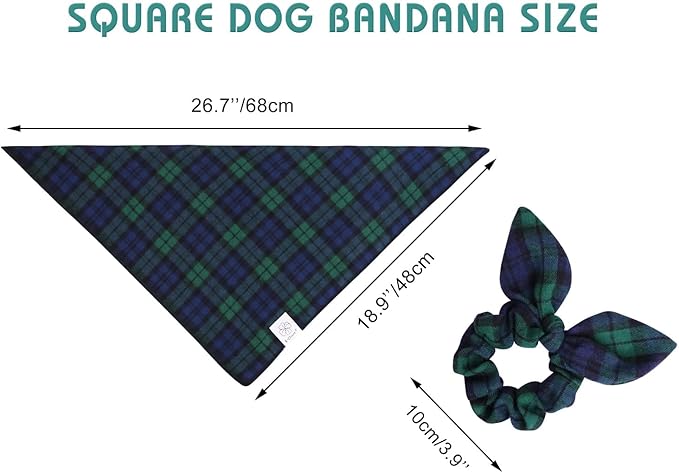 E-Clover Christmas Dog Bandanas Boy & Matching Scrunchie Set Plaid Dog Scarf Kerchief for Medium Large Dog Pet Bandana Owner Gifts Blue Green Fall