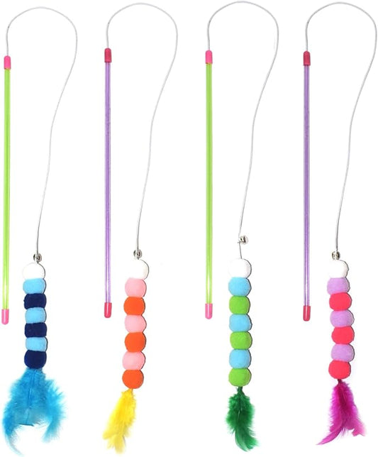 IUHKBH Cat Wands, 4 PCS Vibrant Colors Teaser Toy with Soft Fur Ball, Feather Tail & Bell Design Interactive Cat Toy for All Breed Sizes