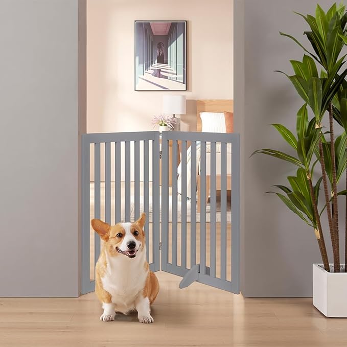 unipaws 36”H Free Standing Pet Gate for Dog and Cat, Wooden Dog Gates for Doorway, Stairs, Room Divider, Step Over Foldable Pet Fence for The House, Expandable Barrier, Indoor Use, Grey