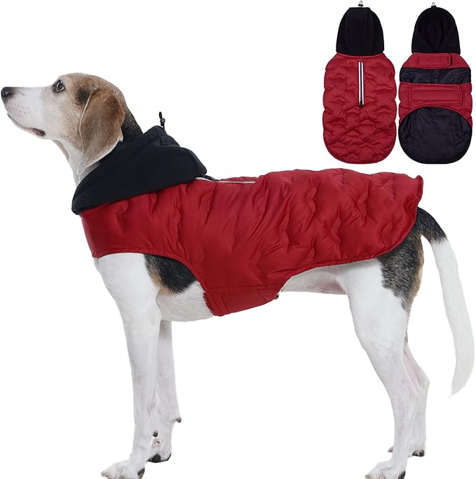 Nanaki Lightweight Dog Down Jacket with Leash Hole-Large Winter Dog Coat Reflective Stripes, Warm Snow Coat with Hood, Windproof Snowsuit for Cold Weather, Puffer Jacket for Outdoor Activities, Red