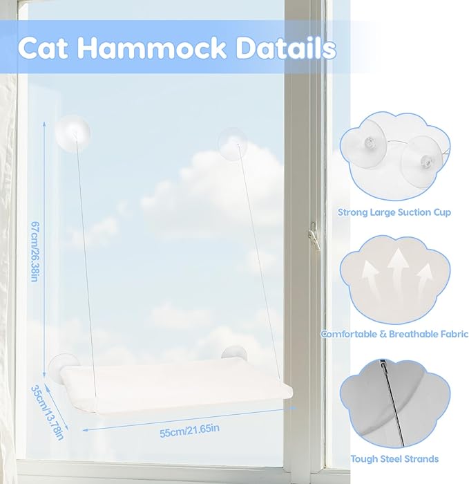 Cat Window Perch, Hanging Cat Hammock for Window, Foldable Cats Windows Bed with 4 Suction Cup, Windows Hammock for Cats Inside Perch Hold up to 44 Pounds Two Pets