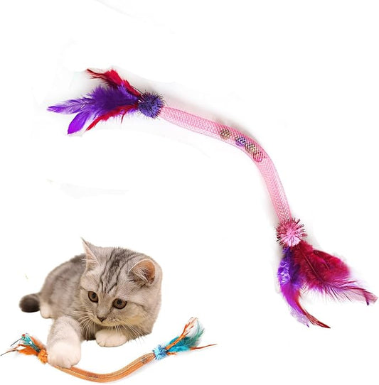 Interactive Cat Toys for Indoor Cats with Catnip – 1 Pack Feather Elastic Mesh Catnip Chew Toys with Bells and Pom-Poms, 19.5 Inch Durable Kitten Teething Toy Bundle