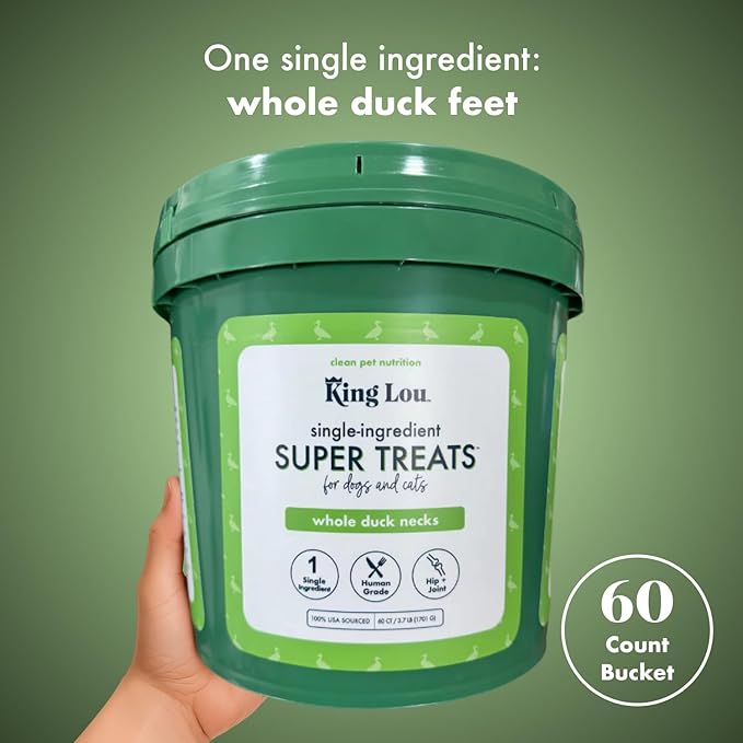 King Lou Duck Treats – Whole Dehydrated Duck Necks for Dogs and Cats – Single Ingredient Crunchy Chews – Protein-Rich Collagen Snacks – 60 Count