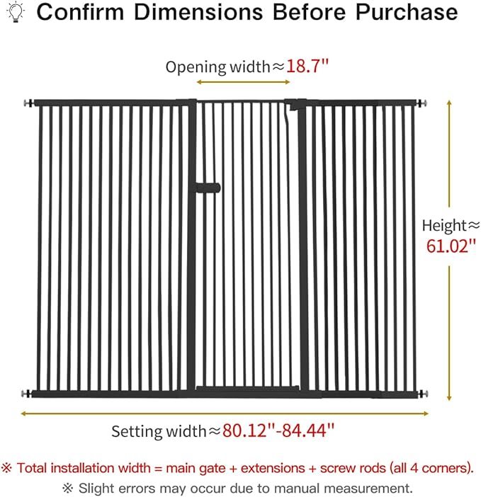 Lumizone Extra Tall Cat Gate 61.02" High Pressure Mounted Extra Wide 2025 New (17 Sizes) 1.37" Gap No Drilling Auto-Close One-Handed Operation Tall Pet Gate (Black, 80.12"-84.44"/203.5-214CM)