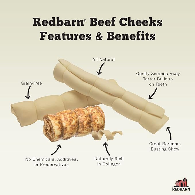 Redbarn Pet Products All-Natural Large Beef Cheek Rolls for Dogs, Uncoated - Single Ingredient Grain-Free Chew Treat Naturally Rich in Collagen - No Artificial Preservatives - Pack of 4