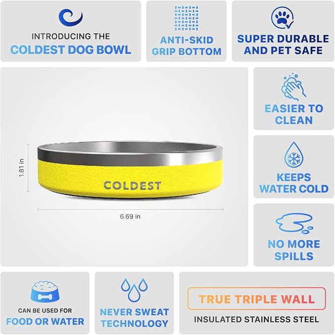 Coldest Dog Bowl - Anti Rust Metal, Non Slip, 3 Layers Insulated Stainless Steel Dog Bowls - Spill Proof & Heavy Duty - Water Bowl for Dogs, Cats & Pets, Dish Washer Safe (21 oz, Solar Yellow)