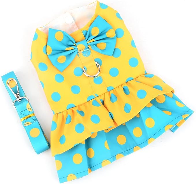 Dog Harness Dress for Small Medium Dogs Female Girls Polka Dots Tutu Skirt Beauty Pet Clothes with Leash 1.6m Cats Apparel Puppy Chihuahua Yorkie Clothing Spring Summer Yellow M
