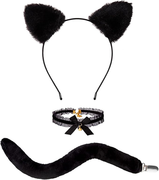 Cat Ears Headband with Tail and Bell Collar Black Cat Costumes Accessories Set Halloween Cosplay Dress Up Party for Adults Women Girls