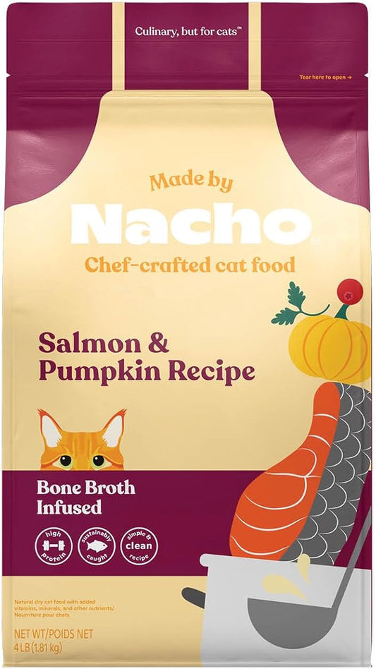 Made by Nacho Dry Cat Kibble 4lb Bag, High Protein and Grain-Friendly Premium Cat Food, Sustainably Caught Salmon and Pumpkin, Infused with Bone Broth for Hydration, Limited Ingredients, Single Bag