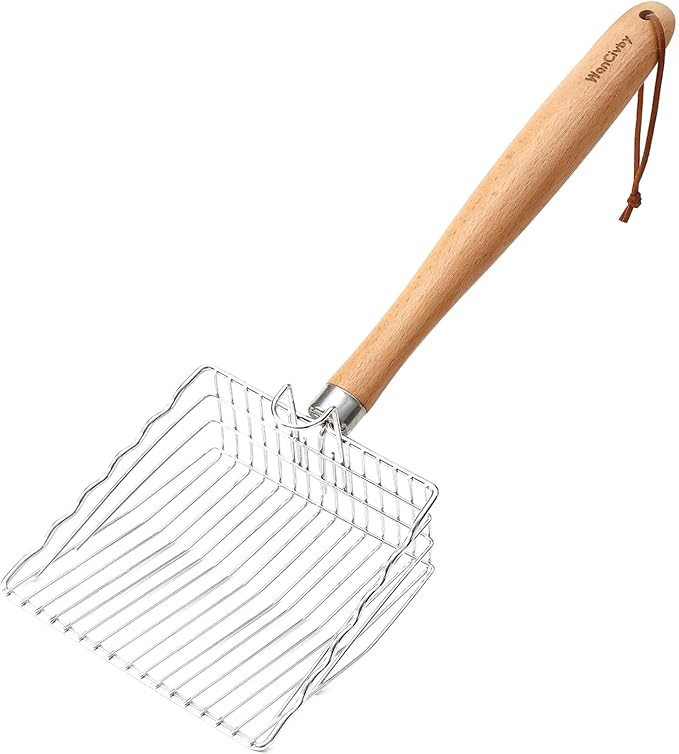 Premium Cat Litter Scoop with Ergonomic Beech Wood Handle - Stainless Steel Sifter with Hook & Hole for Easy Cleaning, Durable & Odor-Free (Steel Wire Long)