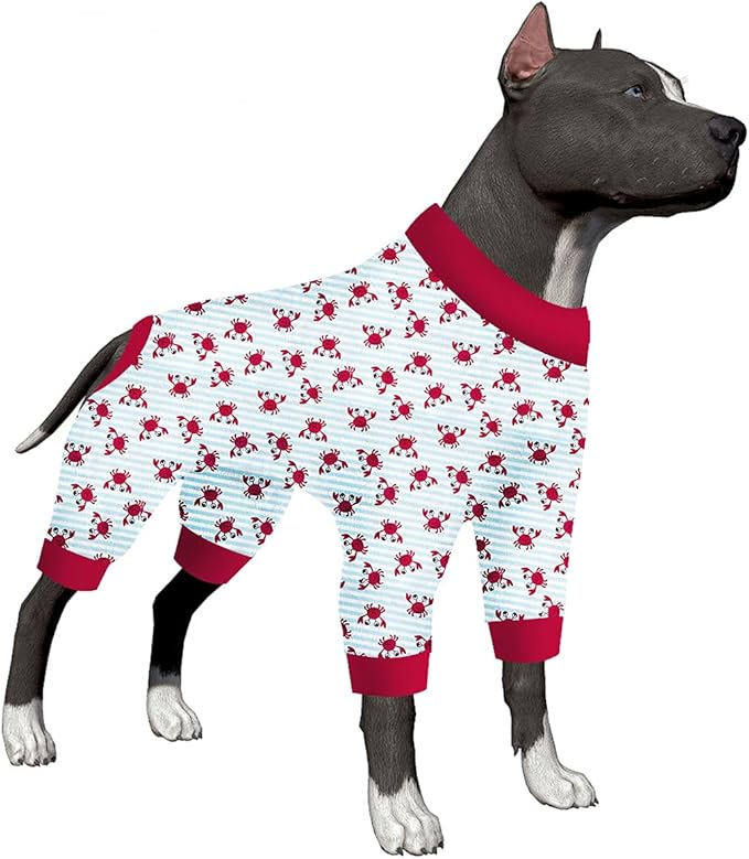 LovinPet Dog Sweatshirts for Large Dogs, Anxiety Calming Dog Pajamas, Light Blue Stripe Whale, Crab Print, Onesies for Dogs, Pitbull Clothes,Pajamas for Pitbulls, Medium