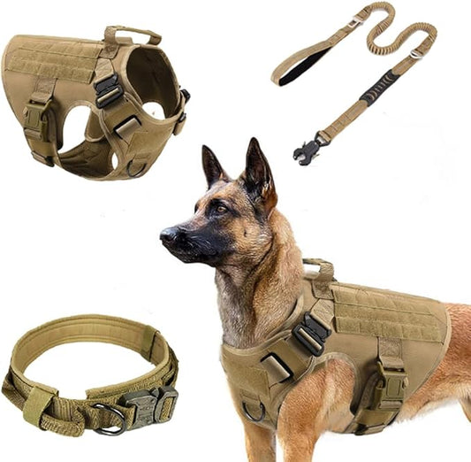 Tactical Dog Harness with Handle, Collar & Leash Set – No Pull Dog Vest with Adjustable Buckles, Reflective Patches & Heavy-Duty Nylon for Medium Dogs (Khaki)