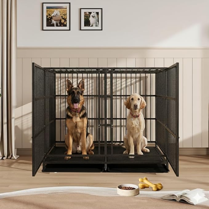 54 Heavy Duty Dog Crate Cage with Divider, Indestructible and Escape Proof Steel Kennel Indoor for High Anxiety Dogs with Removable Tray, Lockable Wheels, Double Door, Extra Large XL XXL