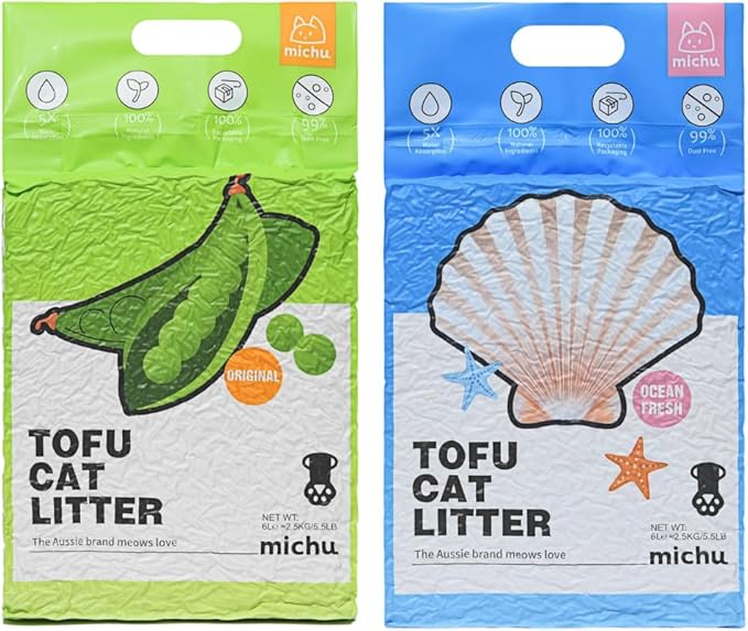 Michu Tofu Cat Litter Natural Clumping Tofu Cat Litter, Fast Clumping and Easily Scoop-able 5.5lb/88oz 5 Scents - Original + Ocean Fresh, 2 Pack