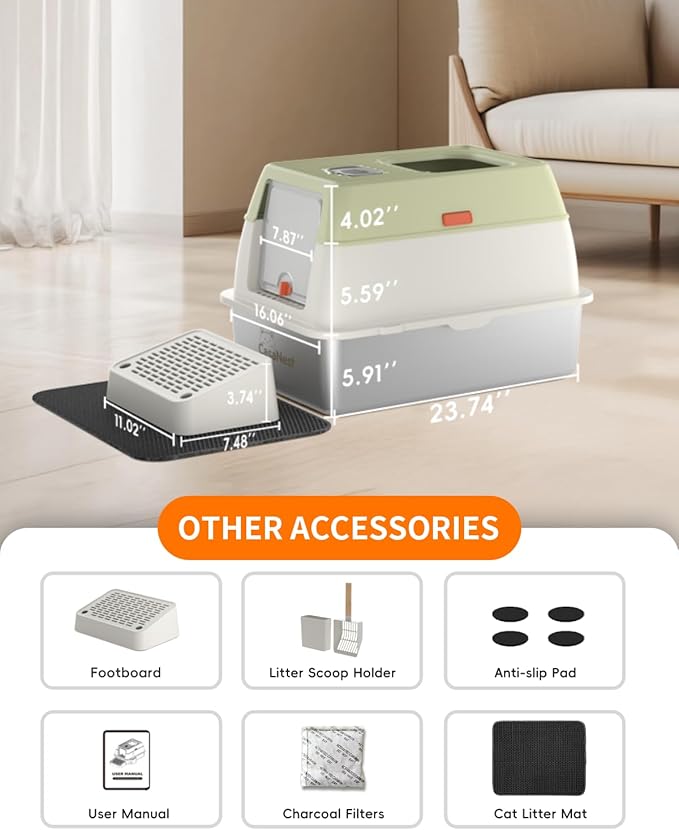 3-in-1 Extra Large Stainless Steel Cat Litter Box with Lid, XL Enclosed Top Entry Metal Litter Box for Large Cats, Non-Stick & Odor Control, Leak-Proof, Easy Cleaning for Multi-Cat Home, Green