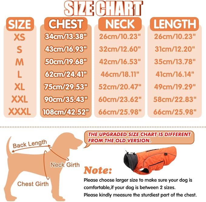 EMUST Winter Coat for Large Dogs, Windproof Dog Jacket for Cold Weather, Extra Warm Dog Winter Clothes for Small Medium Large Dogs, Orange, XXL