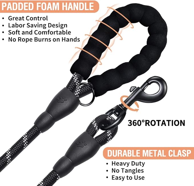 COOYOO 2 Pack Dog Leash 5 FT Heavy Duty - Comfortable Padded Handle - Reflective Dog Leash for Medium Large Dogs with Collapsible Pet Bowl