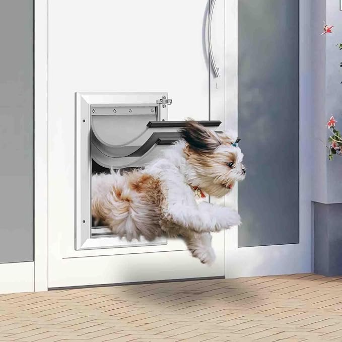 [Petoasis] Heavy Duty Aluminum Dog Door with Lock,3 Flap Insulated Doggie Doors with Installation Manual,Durable and Rust Resistant, Patent: USD1057087S, (Silvery White, Large for Door)