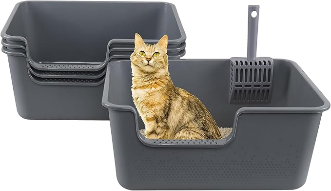 4-Pack Plastic Open Top Cat Litter Box, Cat Litter Box with High Sides, Grey