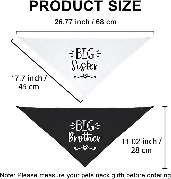 2 Pack Big Sister Big Brother Dog Bandanas, Adjustable Pet Bandana for Pregnancy Announcement, Soft Triangle Scarf for Small Medium Large Dogs, Puppy Sibling Reveal Accessories(Black&White)