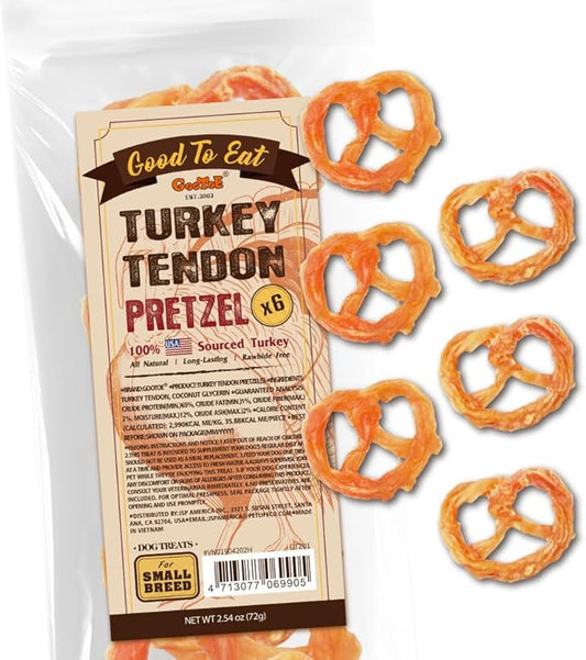Gootoe Turkey Tendon Dog Treats, Pretzel (S) 6 Pieces per Pack, USA-Sourced Turkey Tendon, Natural Snack, Premium Puppy Chews, Hypoallergenic, Reseal Value Bags, Size for Small Dogs