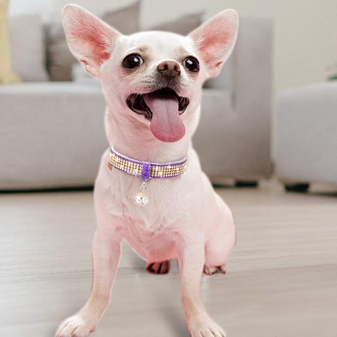 PetsHome Cat Collar, Dog Collar, [Bling Rhinestones] Premium PU Leather with Pendant Adjustable Collars for Big Cat and Small to Medium Dog Small Purple
