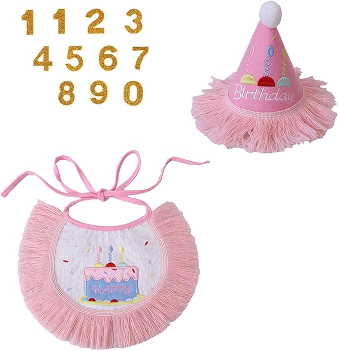 Dog Birthday Party Supplies, Dog Birthday Bandana Set,Bling Boy Girl Party Hat with Numbers for Puppy Large Medium Small Pet (Pink Set, Large)