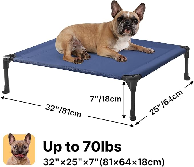 Veehoo Outdoor Elevated Dog Bed for Medium Dogs, Cooling Raised Dog Cots Beds Training Platform Off Ground Hammock with Breathable Mesh, No-Slip Feet, 32"x25", Blue