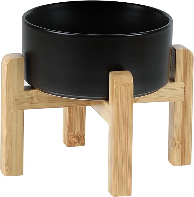 Ceramic Raised Dog and Cat Bowl Set, 2 Heights Elevated Stand, Food and Water Bowl for Small Breed Dogs, Weighted Dog Dishes, Pet Bowl(6.1'',28.7oz, Black)