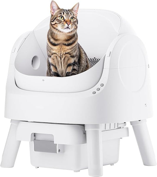 Self-Cleaning Cat Litter Box for Multiple Cats - Automatic, Open Top, White with Liners and Mat Included