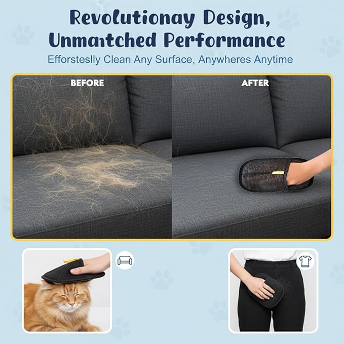 Pet Hair Removal Glove, Reusable Electrostatic Hair Remover for Cat & Dog, Grooming Pet Hair Remover Tool for Clothing, Furniture, Bed Sheet, Couch, Carpet, Car Seat