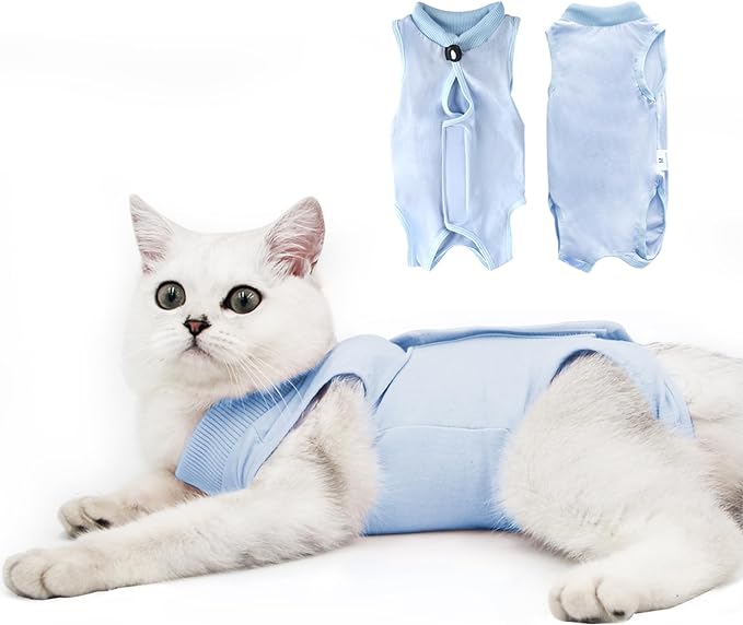 Cat Recovery Suit for Male and Female Surgical Post Surgery Soft Cone Onesie Shirt Clothes Neuter Licking Protective Diapers Outfit Cover Kitten Spay Collar(S, Blue)