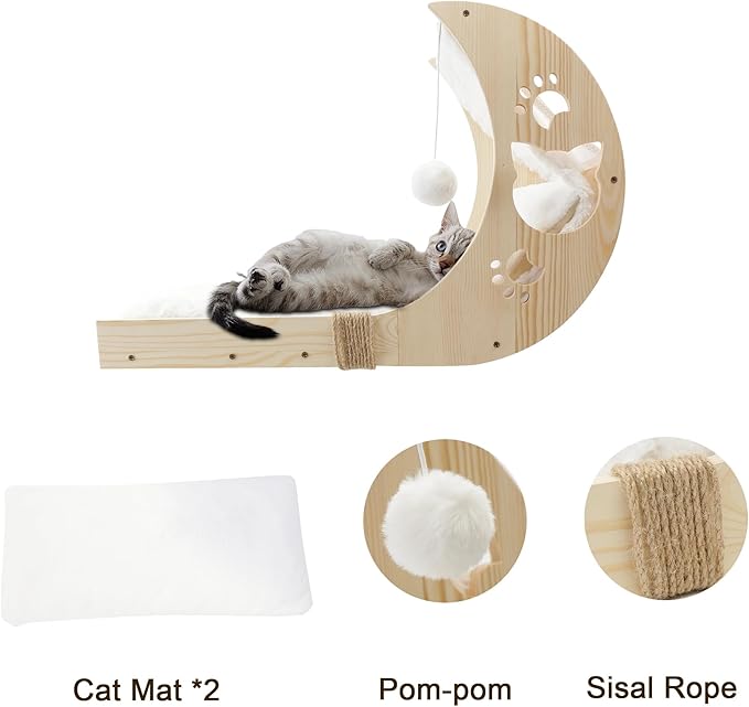 Cat Window Perch with Detachable Ladder-Wodden Cats Bed for Indoor with Double Side Velcro Cat-Mat, Moon CatWindow Seats Mounted with 7pcs Strong Suction Cups for Sleep and Rest