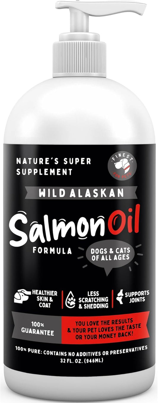 Wild Alaskan Salmon Oil for Dogs & Cats - Omega 3 Fish Oil with Pollock & Salmon for Sensitive Skin & Coat Health. EPA & DHA Ease Itching, Supports Joint, Immune & Heart Health (32oz)