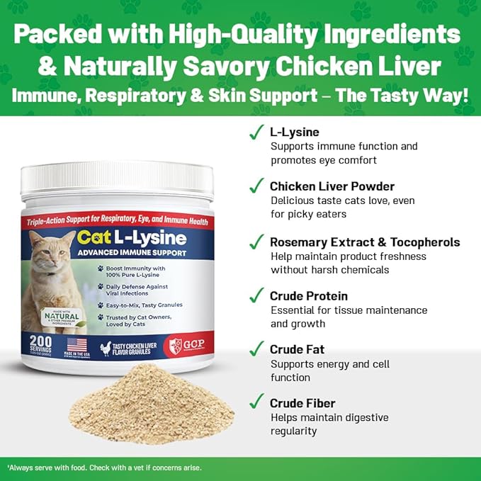 Guardian’s Choice 250mg L-Lysine for Cats, Advanced Immune Support for Respiratory, Eye & Nose Health, Chicken Liver Flavored Lysine Powder for Kittens & Seniors, 200 Servings