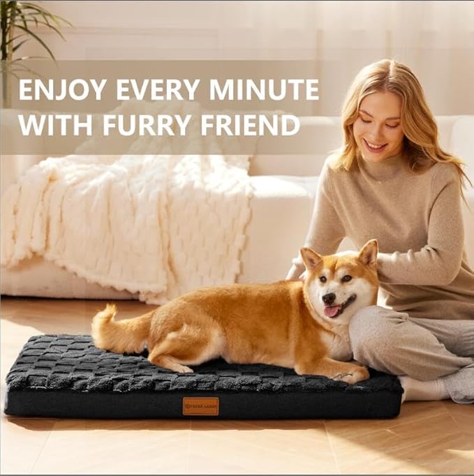 Patas Lague Orthopedic XL Dog Bed Large Sized Dog 42''X28'', Waterproof Soft Comfortable Egg Crate Foam Large Pet Beds Crate Mat with Removable Washable Cover and Nonskid Bottom, Black