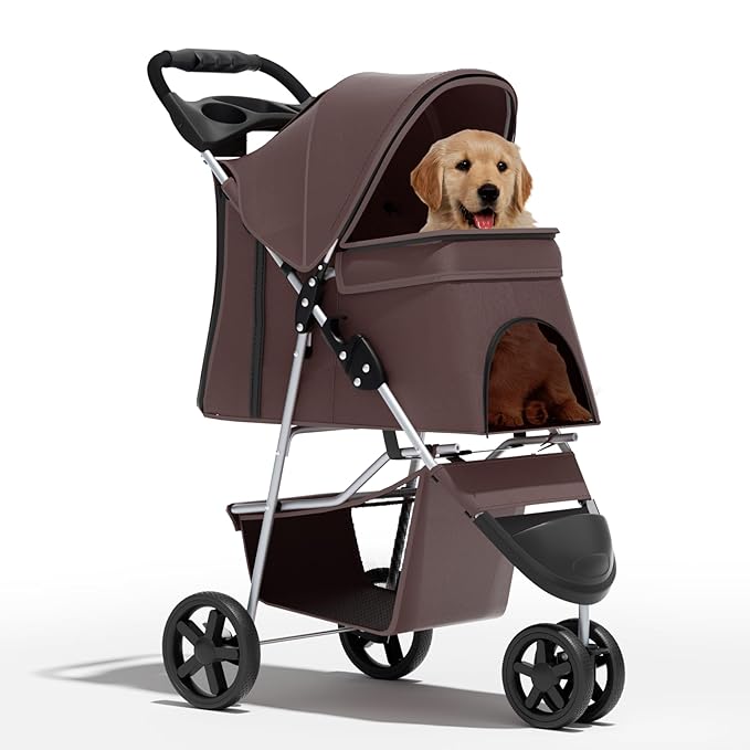 Cat Dog Stroller - 3-Wheels for Medium/Puppy Dogs 30 Lbs, Cats - Foldable with Storage Basket, Cup Holder, Breathable Mesh - Coffee
