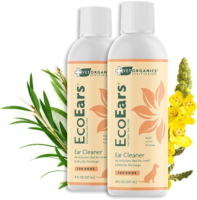 EcoEars Dog Ear Cleaner Solution–8 Oz. Natural Dog Ear Multi-Action Formula for Large or Small Canines – Ear Drops to Alleviate Itchy Ears, Shaking, & Otic Discharge–Puppy Supplies by Vet Organics 2pk