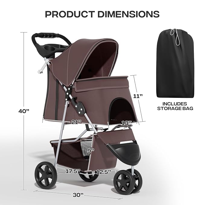 Cat Dog Stroller - 3-Wheels for Medium/Puppy Dogs 30 Lbs, Cats - Foldable with Storage Basket, Cup Holder, Breathable Mesh - Coffee