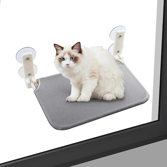 Foldable Cat Window Hammock with Dual Heavy-Duty Suction Cups - Plush Mesh Bed & Jumping Perch for Indoor Cats, Wall Mounted Space-Saving Design (Grey)