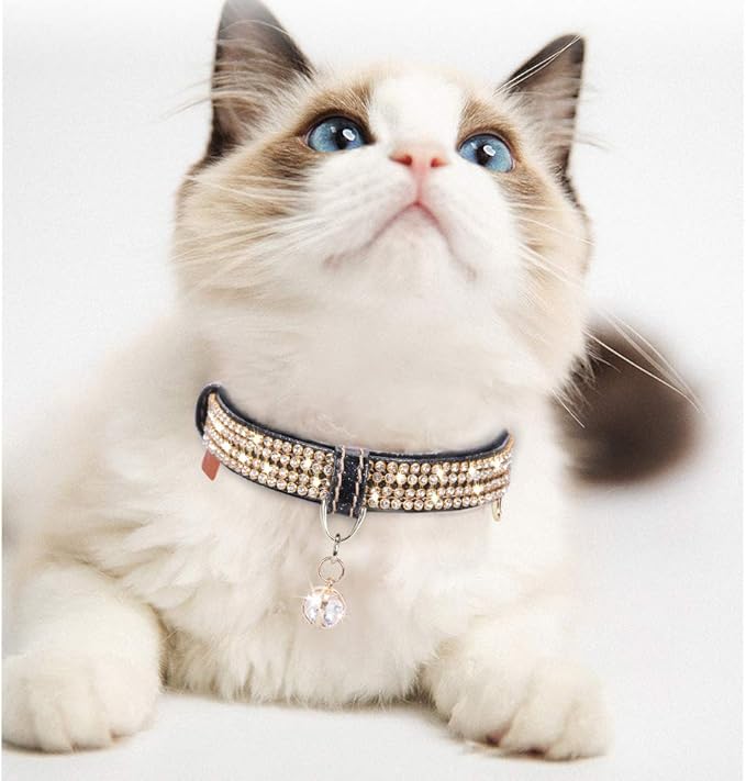 PetsHome Cat Collar, Dog Collar, [Bling Rhinestones] Premium PU Leather with Pendant Adjustable Collars for Cat and Small Dog Extra Small Black
