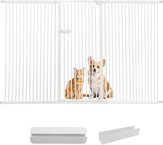 Lumizone Extra Tall Cat Gate 61.02" High Pressure Mounted Extra Wide 2025 New (17 Sizes) 1.37" Gap No Drilling Auto-Close One-Handed Operation Tall Pet Gate for Dogs(White, 92.72"-96.85"/235.5-246CM)
