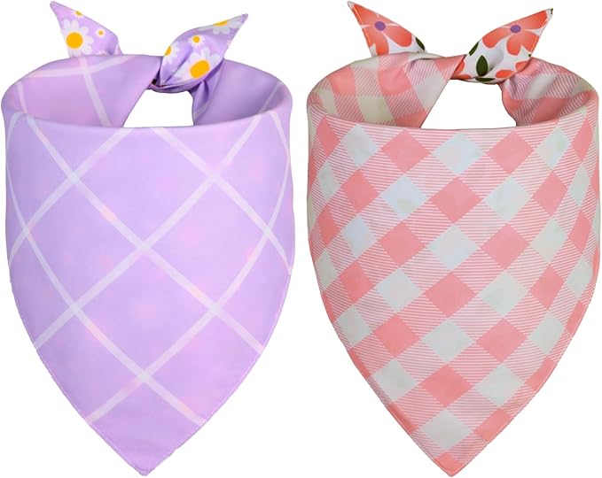 Summer Dog Bandanas Girl Large 2PCS, Purple Pink Daisy Scarf, Durable Triangle Reversible Spring Bibs Handkerchief for Puppy Pet