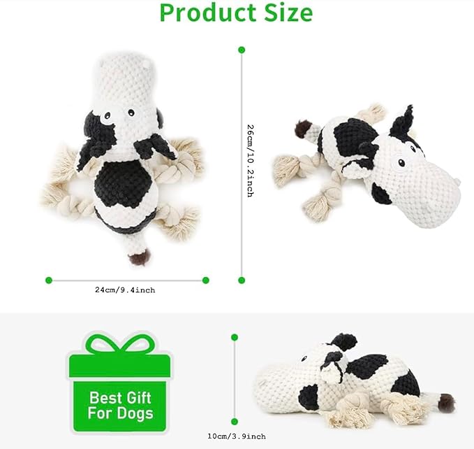 COWIE - Durable Plush Cow Dog Toy with Rope – Soft Chew Toy for Puppies Small Medium & Large Dogs – Crinkle Ears, Teeth-Cleaning & Interactive Squeaky Dog Toys
