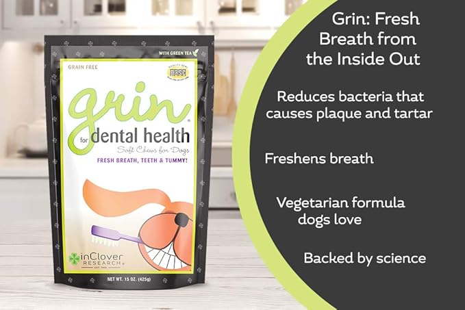 In Clover Natural Dental Treat, Grin, Fresh Breath Dog Chew Treat with Prebiotics, Fresh Breath Tartar Control, Daily Chew Supplement for Dogs Supports Dog Gums and Teeth