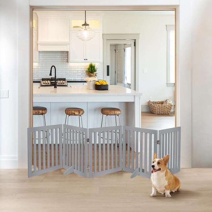 unipaws 24”H Free Standing Pet Gate for Dogs and Cats, Wooden Dog Gates for Doorway, Stairs, Dog Room Divider, Step Over Foldable Pet Fence for The House, Expandable Barrier, Indoor Use, Grey