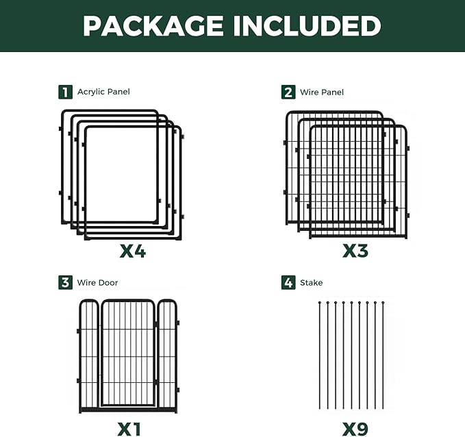 FXW Pawadise Acrylic & Wire Mesh Indoor Dog Playpen, Heavy Duty 32 Inch 8 Panels Metal Dog Pen for Small and Medium Dogs, Black│Patented
