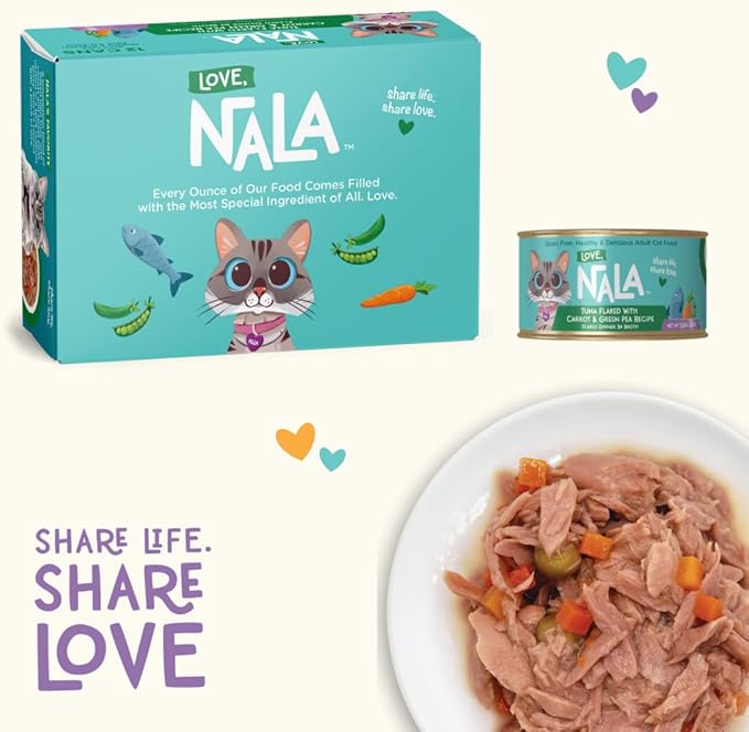 LOVE, NALA - Natural Adult Cat Wet Food - FLAKED Tuna with Carrot & Green Pea in Broth - Grain Free, Non-GMO, Lean Protein, Added Minerals & Vitamins - 12 Pack, 2.4 lbs.