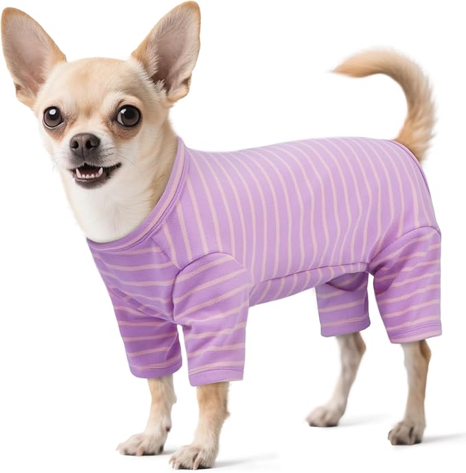 Striped Dog Pajamas - Jammies for Small to Large Dogs, Fleece Shedding Suit, Stretchy & Machine-Washable Pjs, Belly Cut for Males, Great for Surgery & Cold Weather, Purple XS