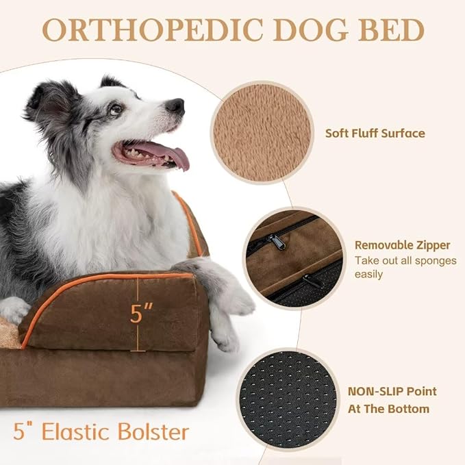 Comfort Expression Orthopedic Dog Bed for Extra Large Dogs 45x35 Inch, Waterproof Supportive Egg Crate Foam XL Pet Bed with Removable Bolsters, Dog Couch with Washable Cover & Non-Slip Bottom, Brown